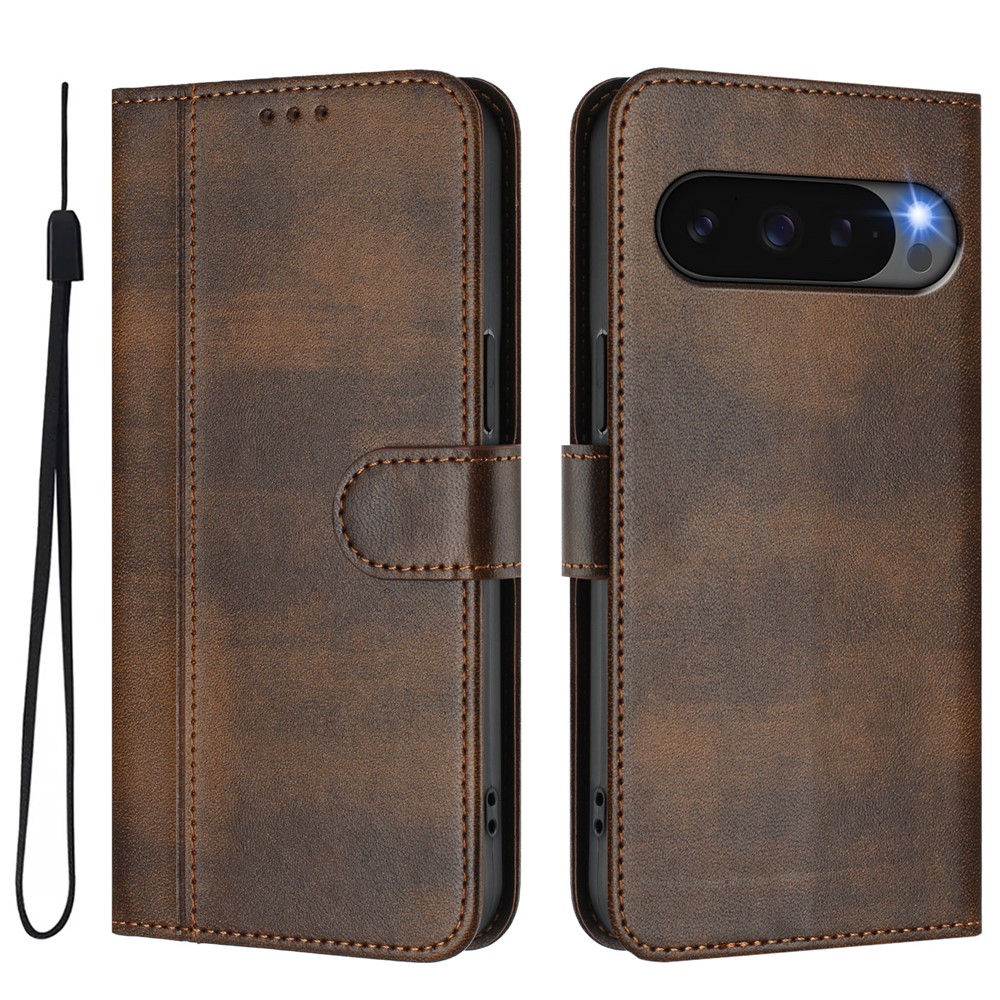 For Google Pixel 9 Cases Wallet Stand Retro Texture Leather Phone Cover with Lanyard - Brown