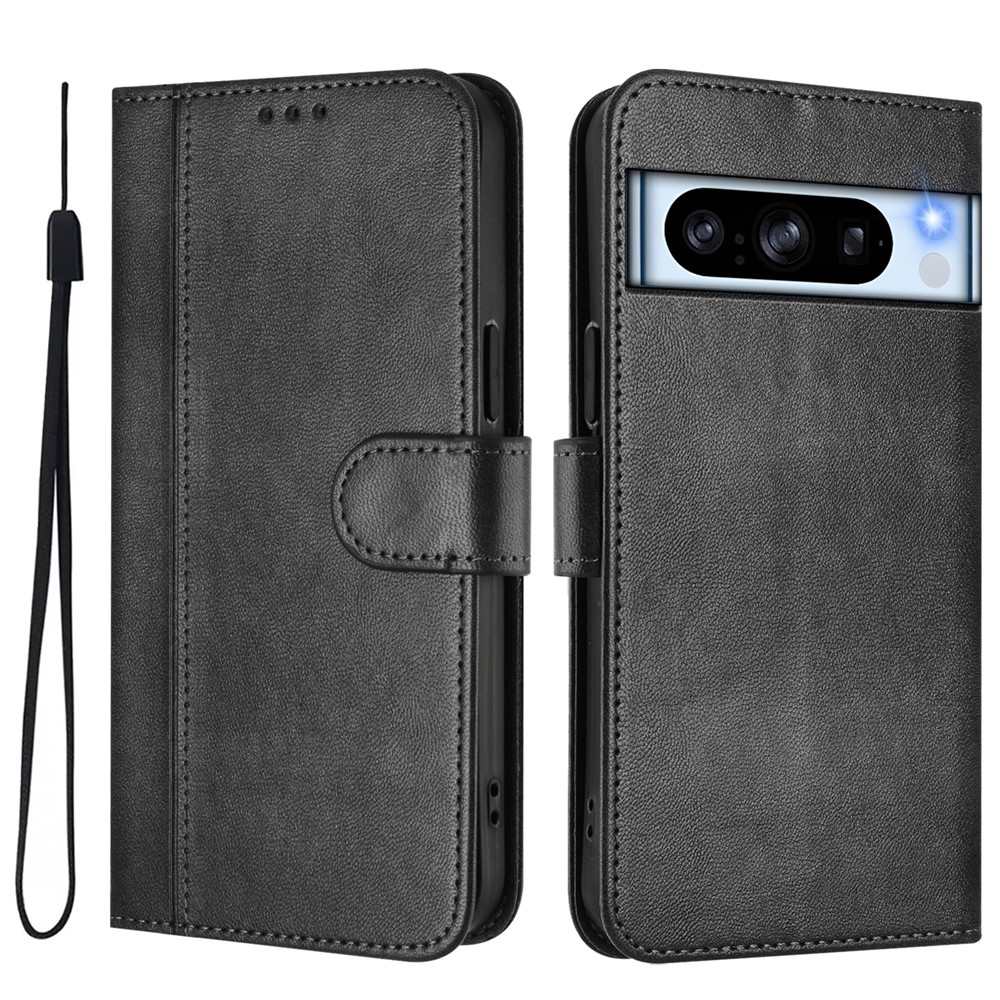 For Google Pixel 8 Pro Cases Wallet Stand Retro Texture Leather Phone Cover with Lanyard - Black