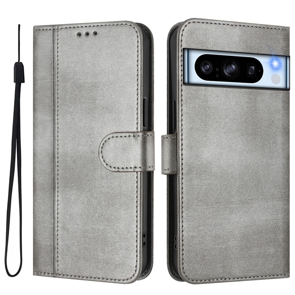 For Google Pixel 8 Pro Cases Wallet Stand Retro Texture Leather Phone Cover with Lanyard - Grey