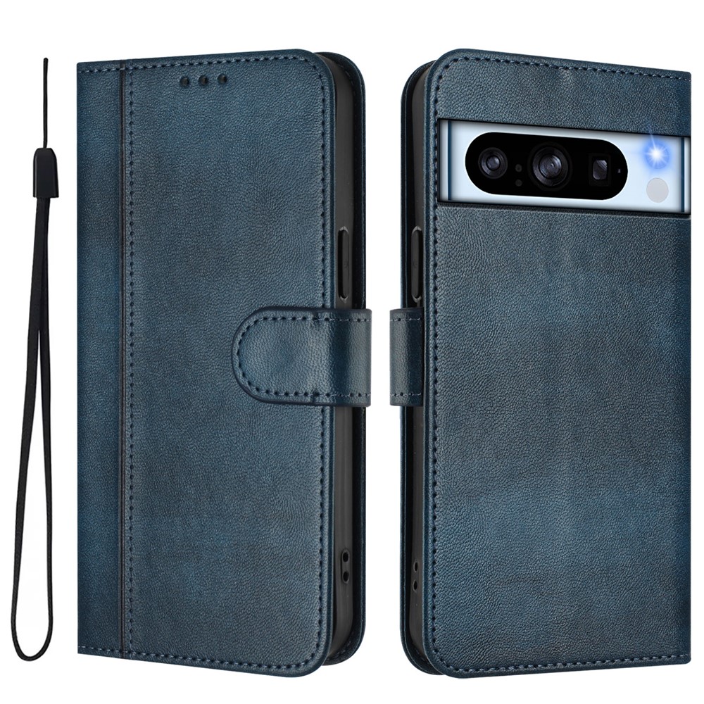 For Google Pixel 8 Pro Cases Wallet Stand Retro Texture Leather Phone Cover with Lanyard - Blue