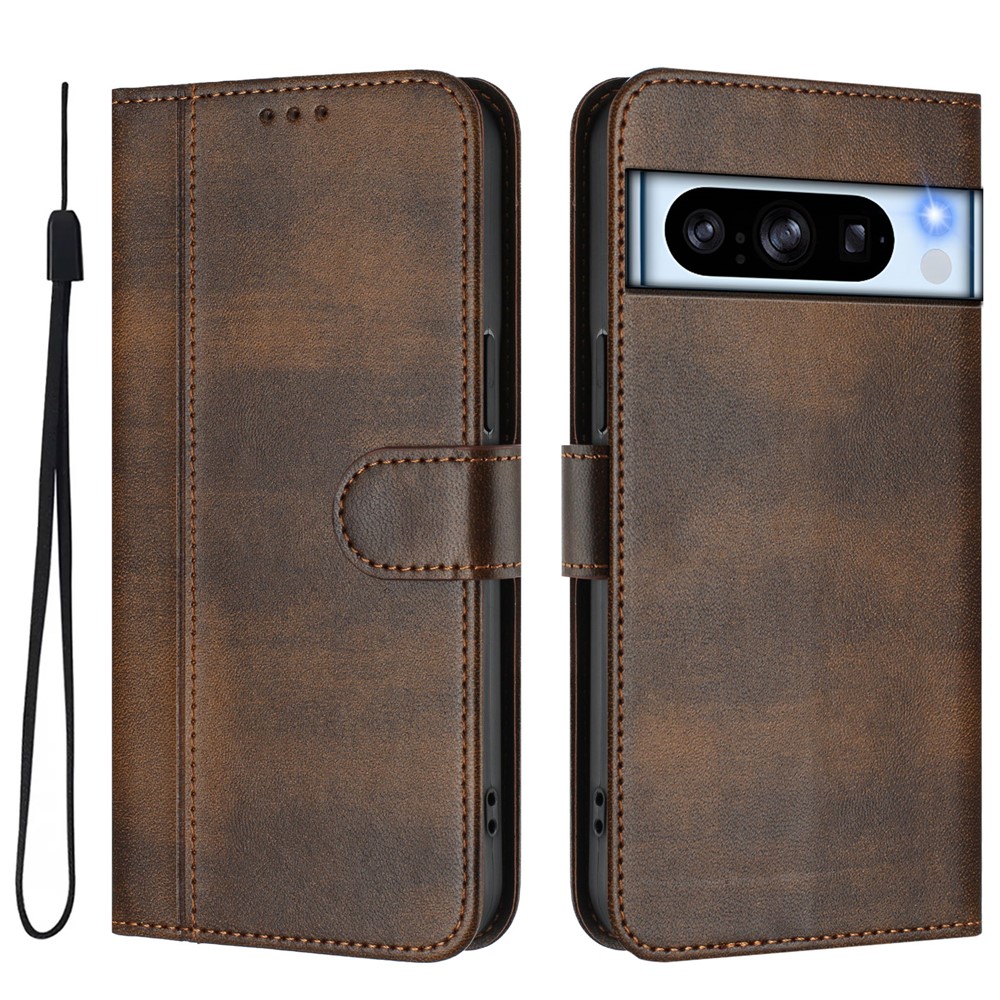 For Google Pixel 8 Pro Cases Wallet Stand Retro Texture Leather Phone Cover with Lanyard - Brown