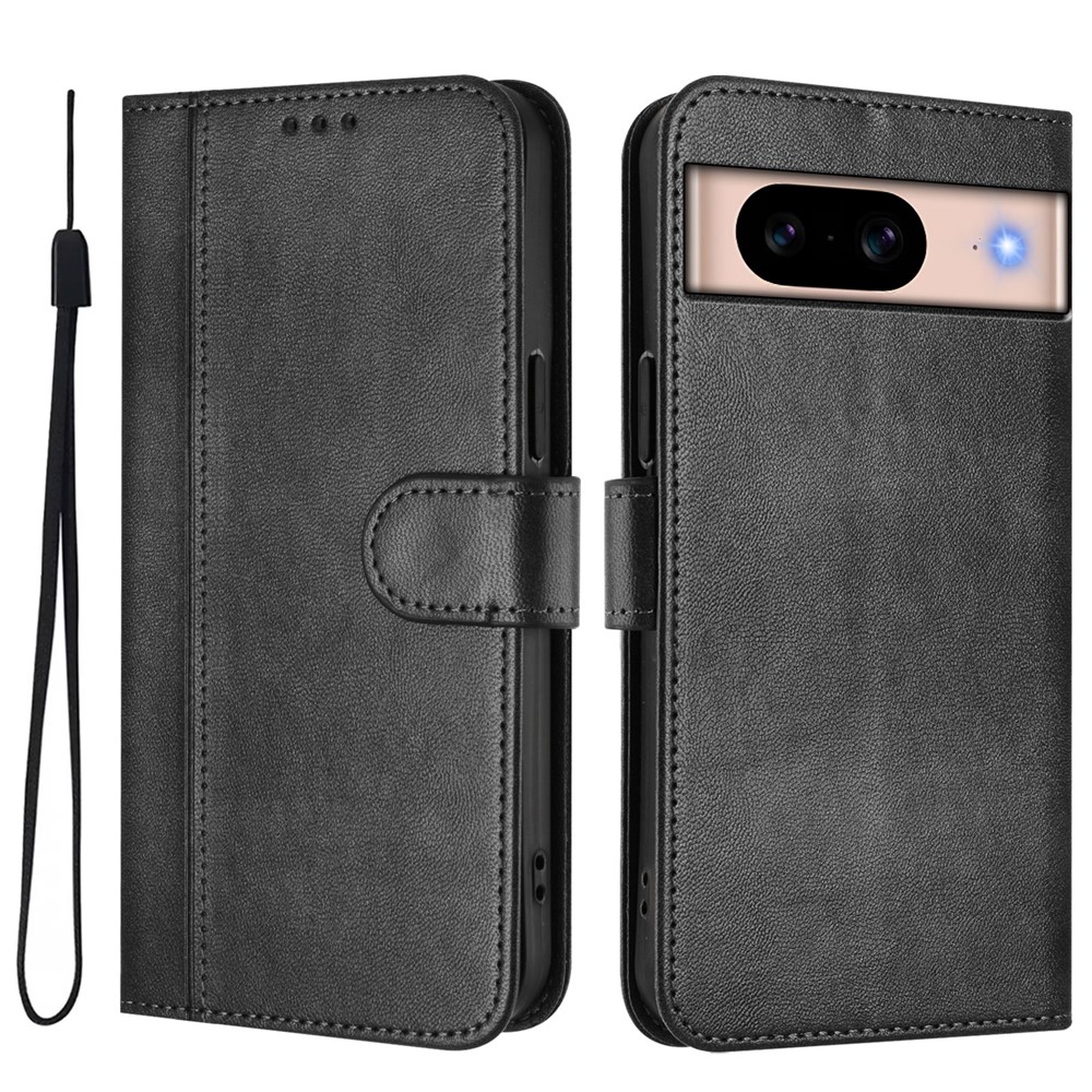 For Google Pixel 8a Cases Wallet Stand Retro Texture Leather Phone Cover with Lanyard - Black