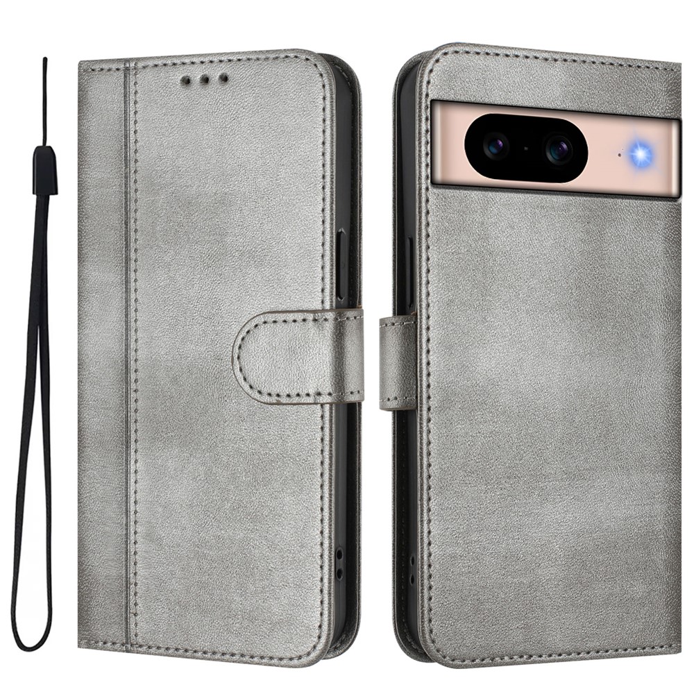For Google Pixel 8a Cases Wallet Stand Retro Texture Leather Phone Cover with Lanyard - Grey