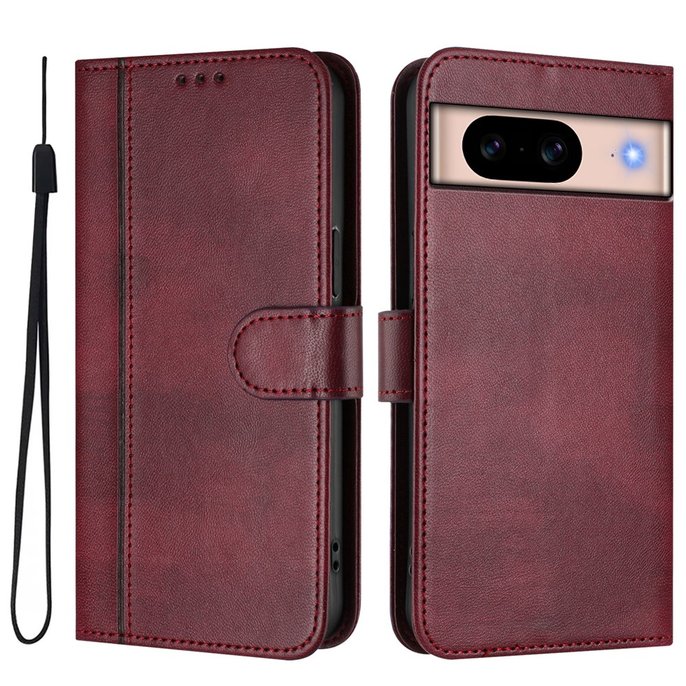 For Google Pixel 8a Cases Wallet Stand Retro Texture Leather Phone Cover with Lanyard - Wine Red