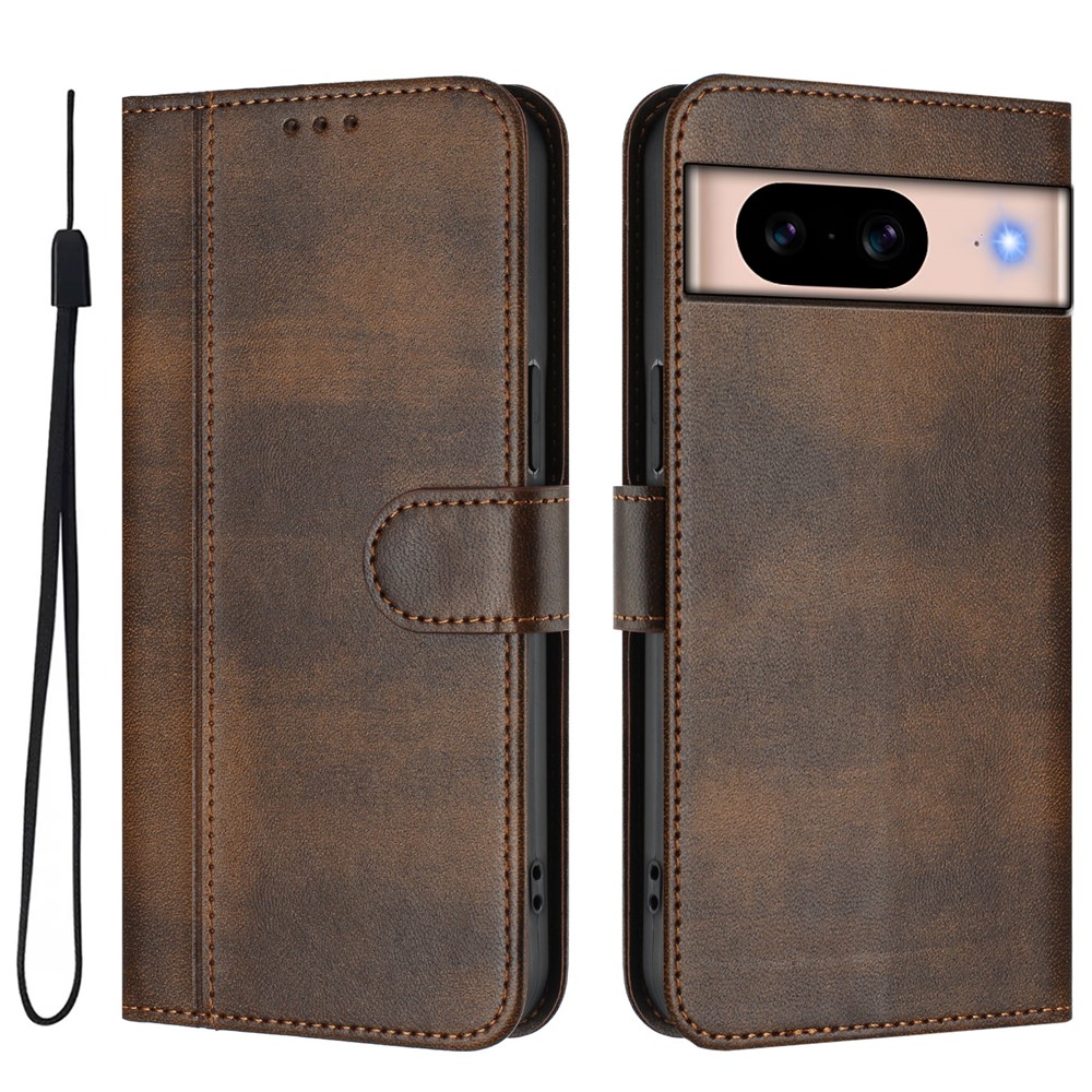 For Google Pixel 8a Cases Wallet Stand Retro Texture Leather Phone Cover with Lanyard - Brown