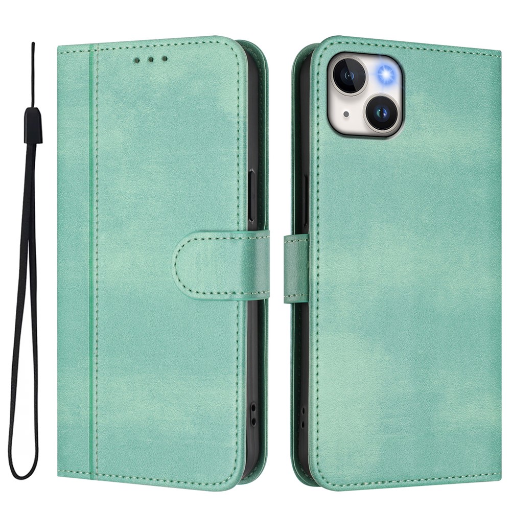 For iPhone 15 Plus Cases Wallet Stand Retro Texture Leather Phone Cover with Lanyard - Mint Green