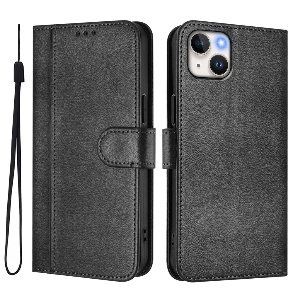 For iPhone 15 Plus Cases Wallet Stand Retro Texture Leather Phone Cover with Lanyard - Black
