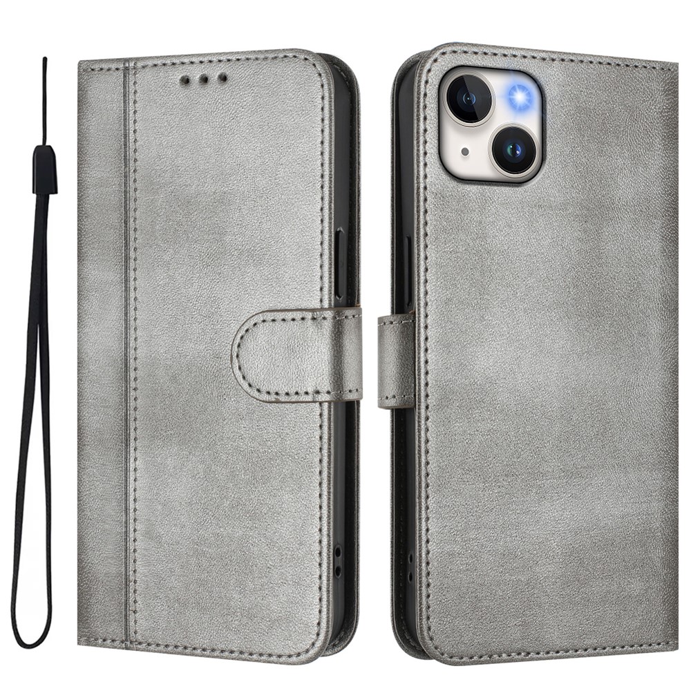 For iPhone 15 Plus Cases Wallet Stand Retro Texture Leather Phone Cover with Lanyard - Grey