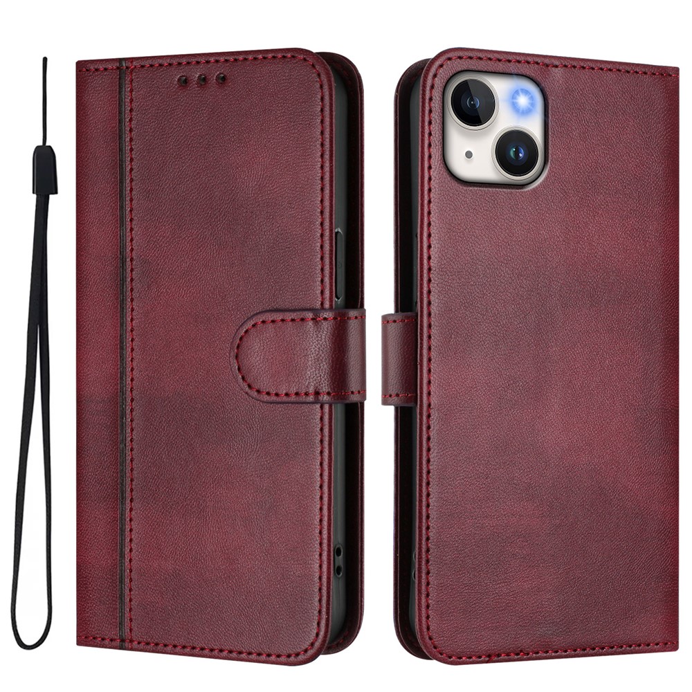For iPhone 15 Plus Cases Wallet Stand Retro Texture Leather Phone Cover with Lanyard - Wine Red