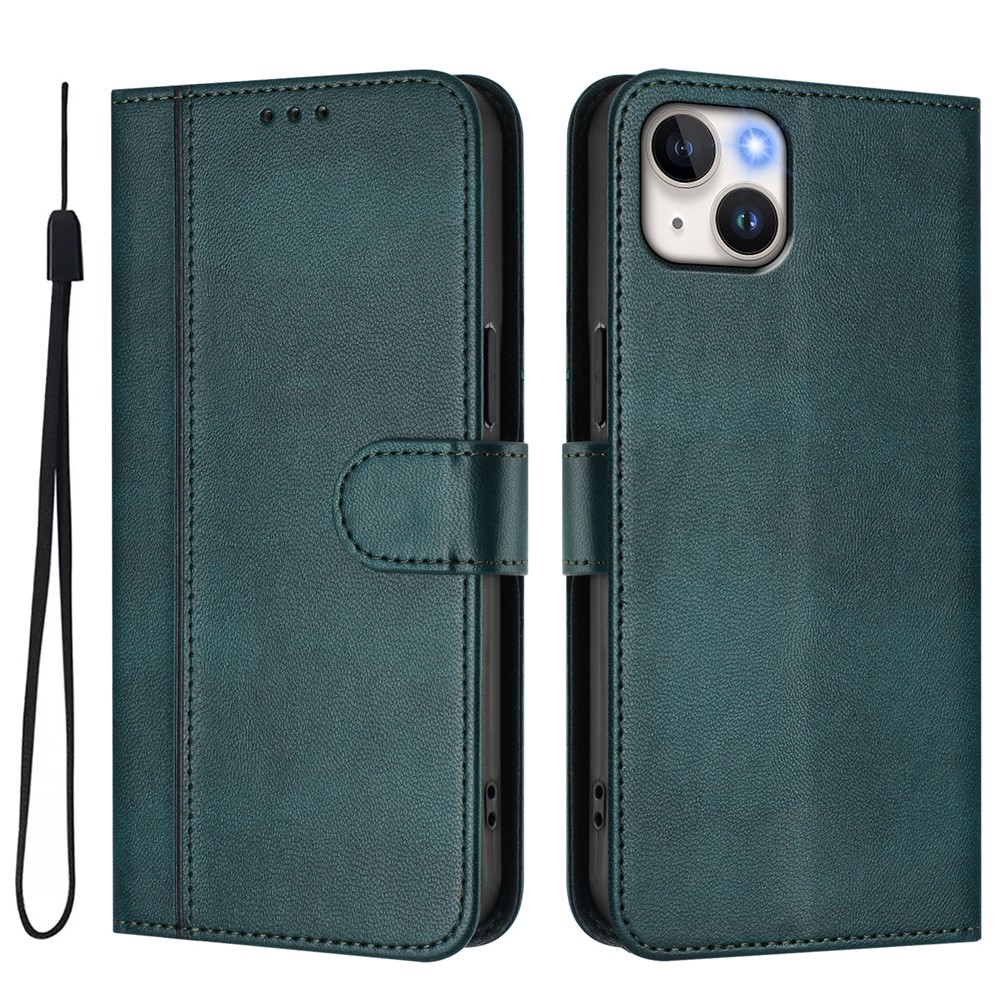 For iPhone 15 Plus Cases Wallet Stand Retro Texture Leather Phone Cover with Lanyard - Dark Green