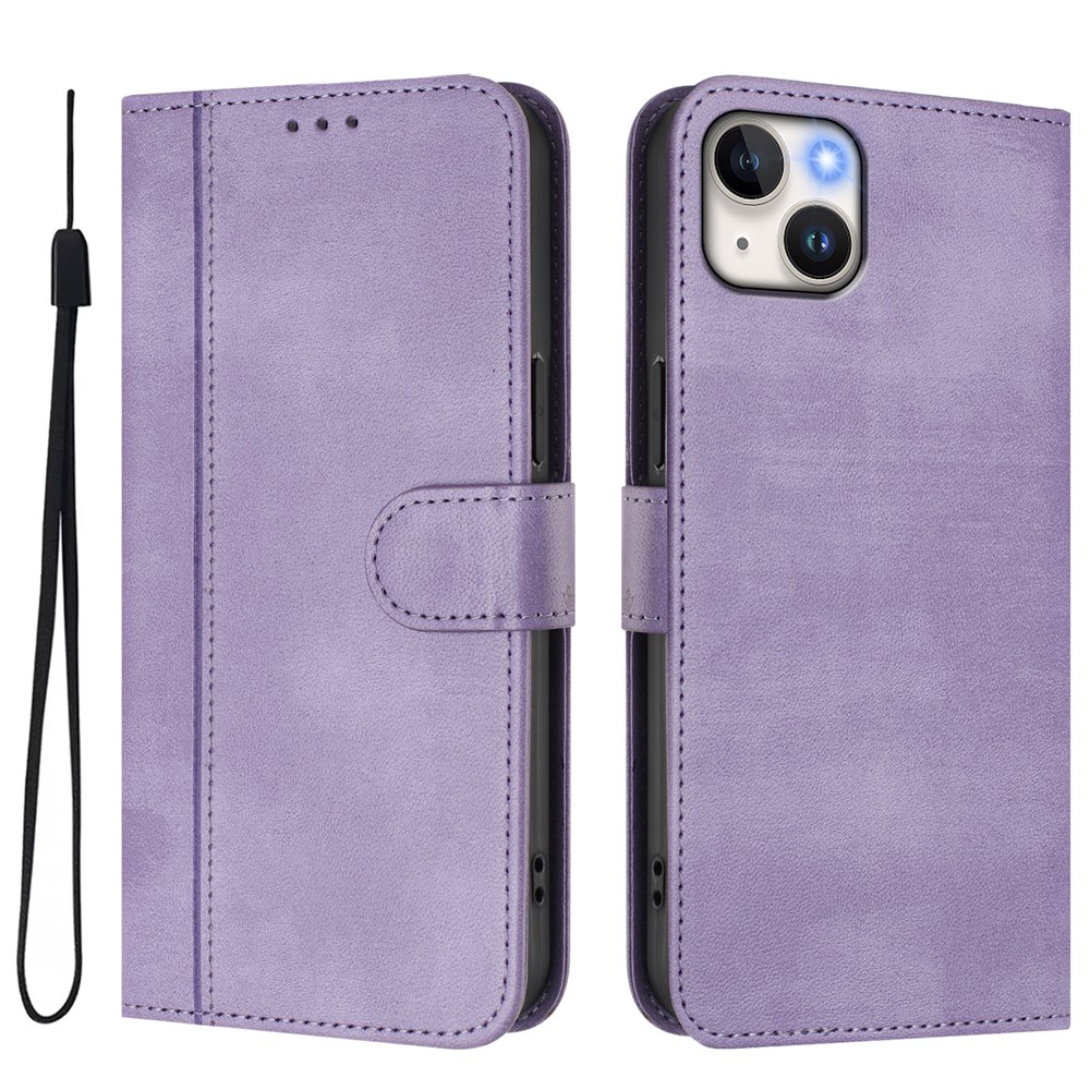 For iPhone 15 Plus Cases Wallet Stand Retro Texture Leather Phone Cover with Lanyard - Light Purple