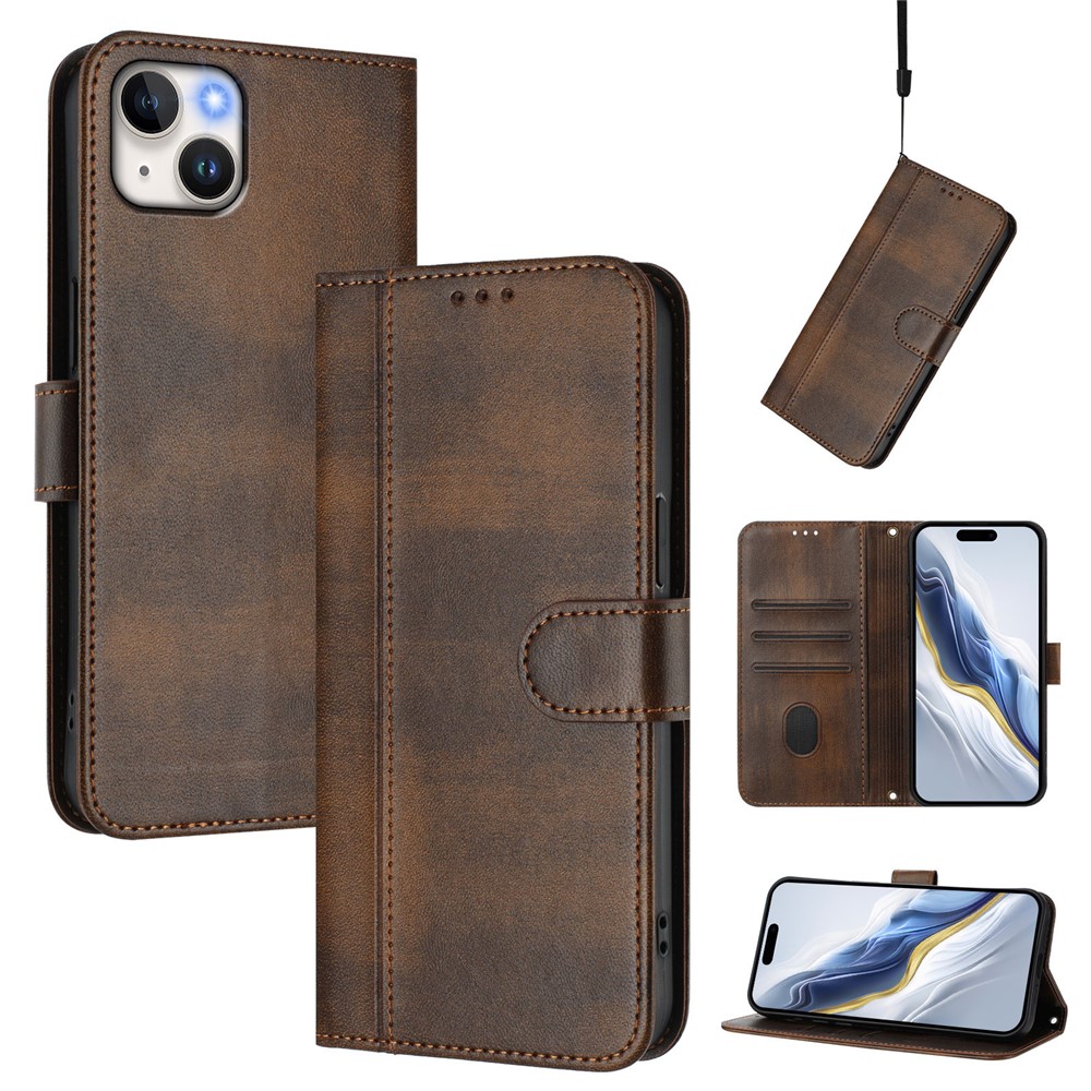 For iPhone 15 Plus Cases Wallet Stand Retro Texture Leather Phone Cover with Lanyard - Brown