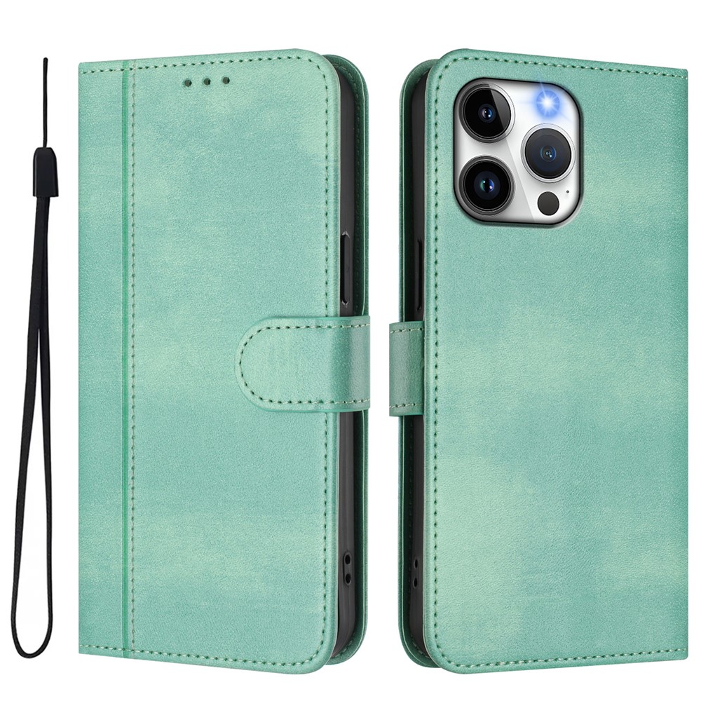 For iPhone 15 Pro Max Cases Wallet Stand Retro Texture Leather Phone Cover with Lanyard - Mint Green