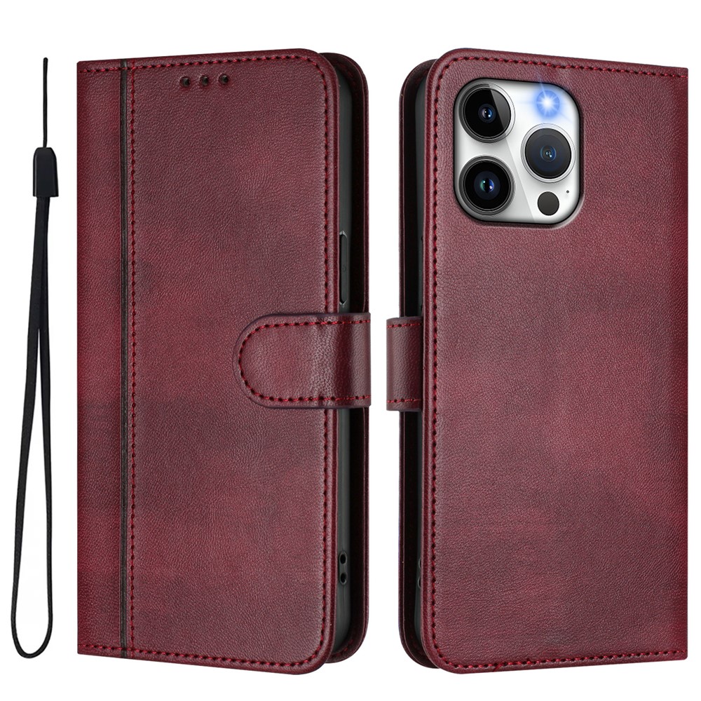 For iPhone 15 Pro Max Cases Wallet Stand Retro Texture Leather Phone Cover with Lanyard - Wine Red