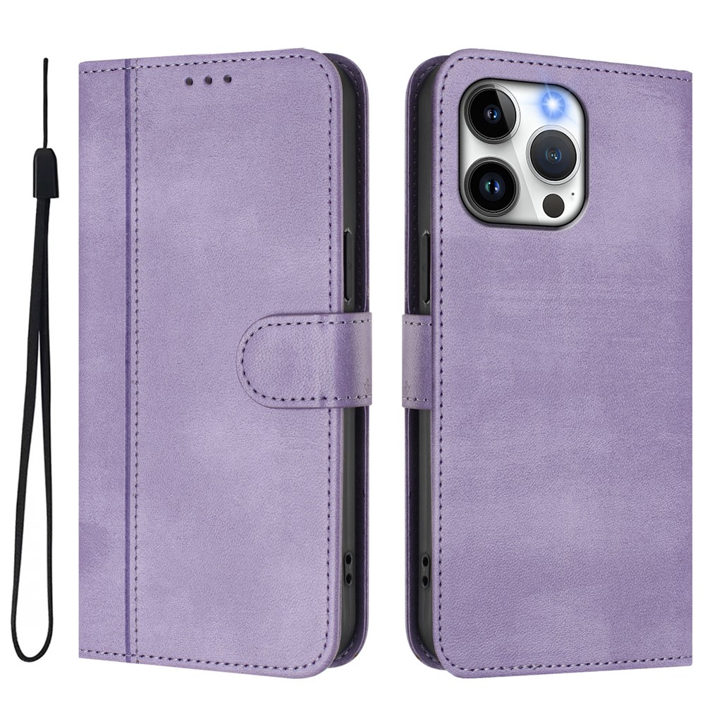 For iPhone 15 Pro Max Cases Wallet Stand Retro Texture Leather Phone Cover with Lanyard - Light Purple