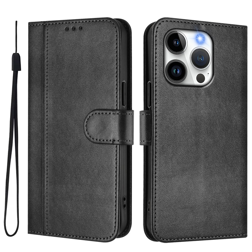 For iPhone 15 Pro Cases Wallet Stand Retro Texture Leather Phone Cover with Lanyard - Black