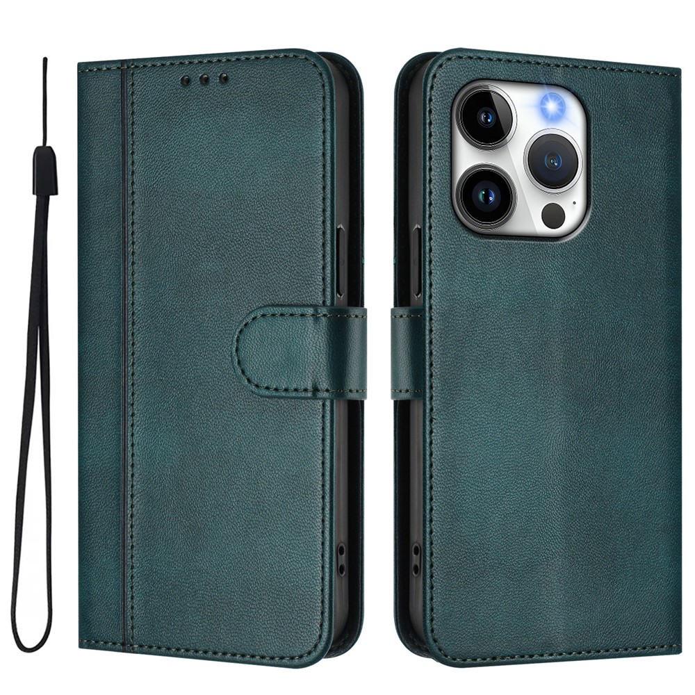For iPhone 15 Pro Cases Wallet Stand Retro Texture Leather Phone Cover with Lanyard - Dark Green