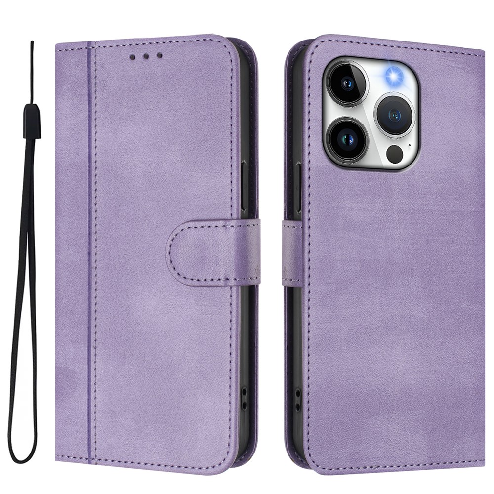 For iPhone 15 Pro Cases Wallet Stand Retro Texture Leather Phone Cover with Lanyard - Light Purple