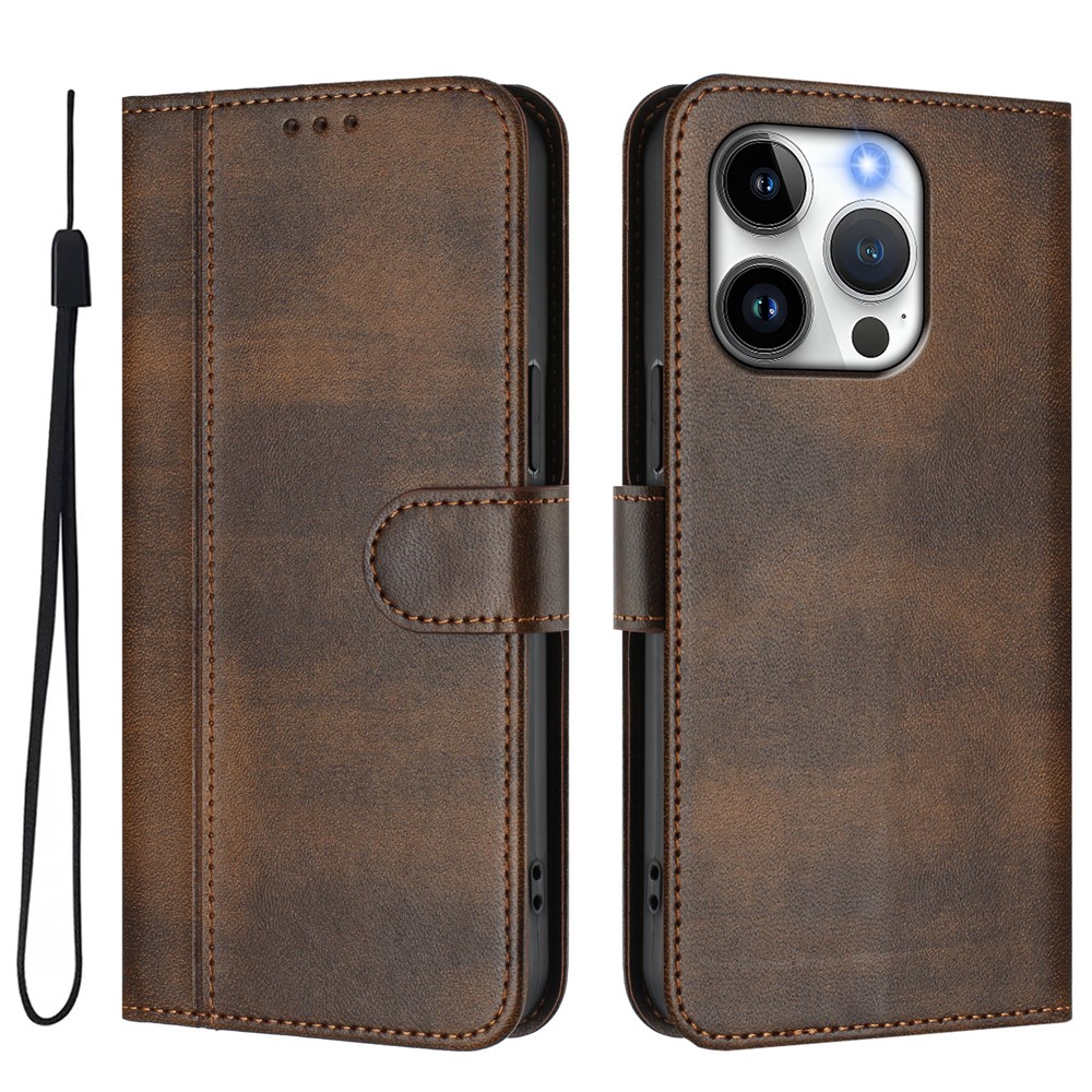For iPhone 15 Pro Cases Wallet Stand Retro Texture Leather Phone Cover with Lanyard - Brown