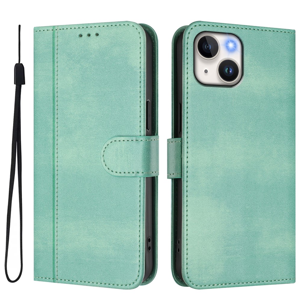 For iPhone 15 Cases Wallet Stand Retro Texture Leather Phone Cover with Lanyard - Mint Green