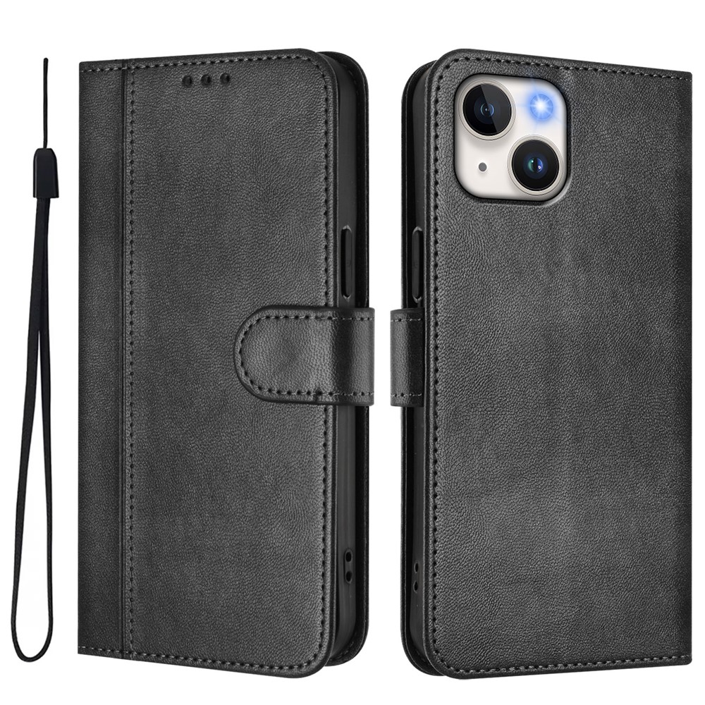For iPhone 15 Cases Wallet Stand Retro Texture Leather Phone Cover with Lanyard - Black