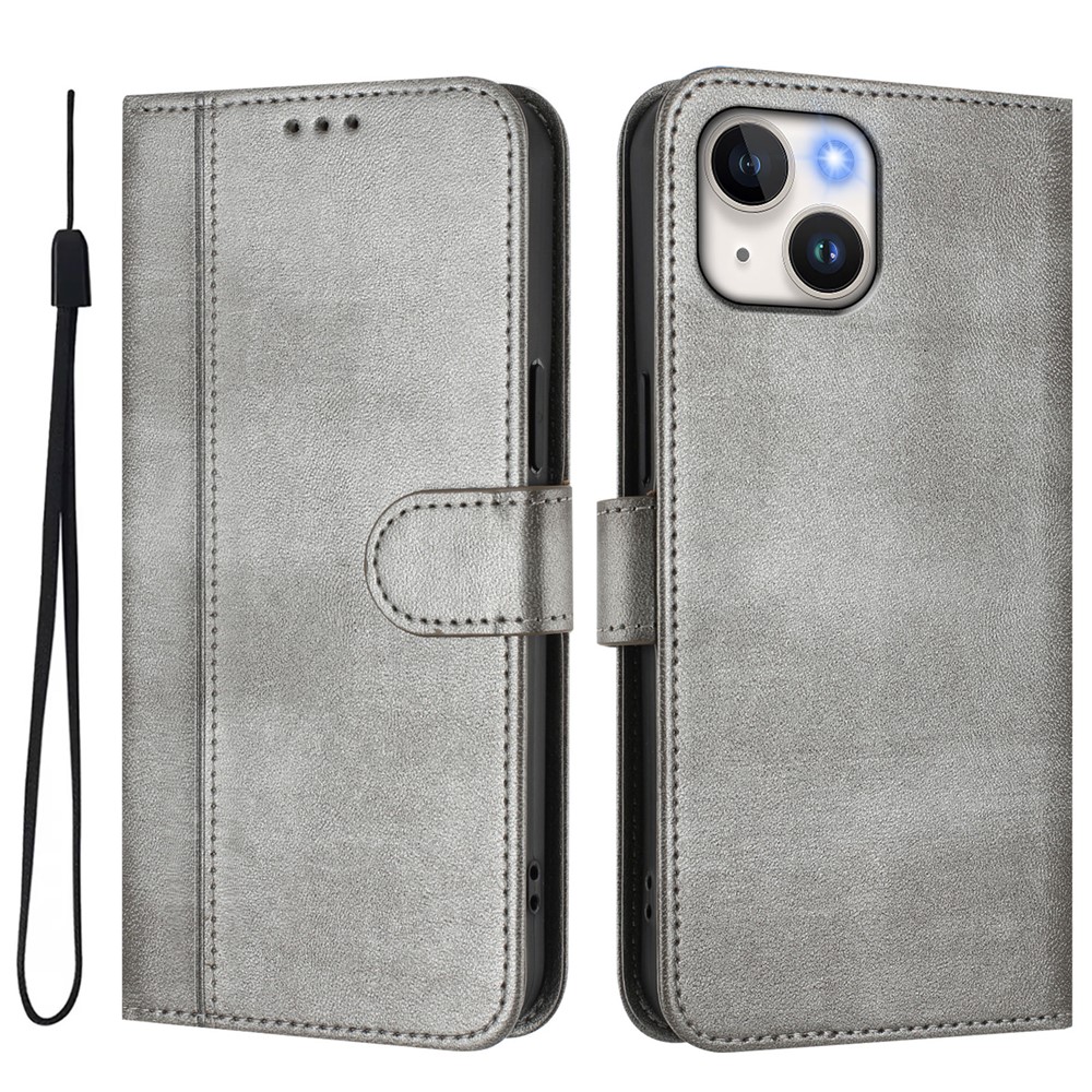 For iPhone 15 Cases Wallet Stand Retro Texture Leather Phone Cover with Lanyard - Grey