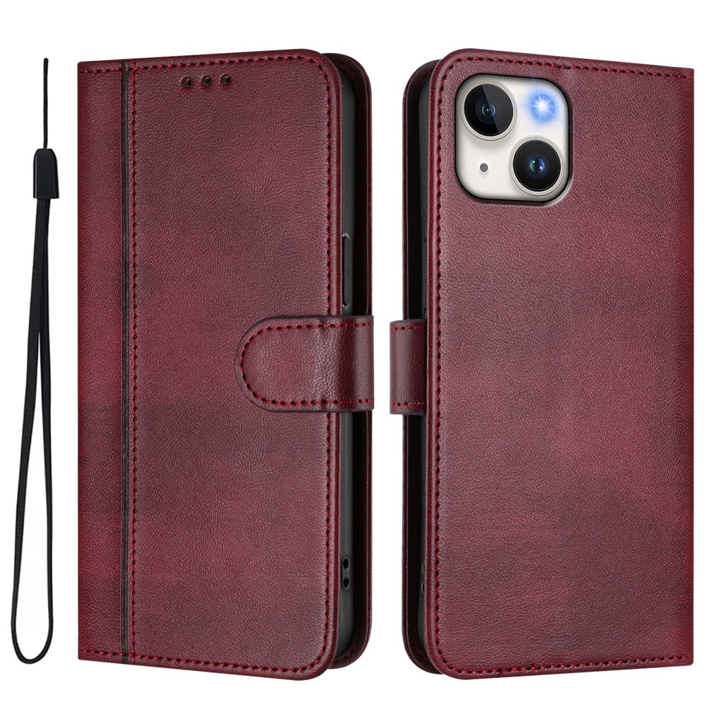 For iPhone 15 Cases Wallet Stand Retro Texture Leather Phone Cover with Lanyard - Wine Red