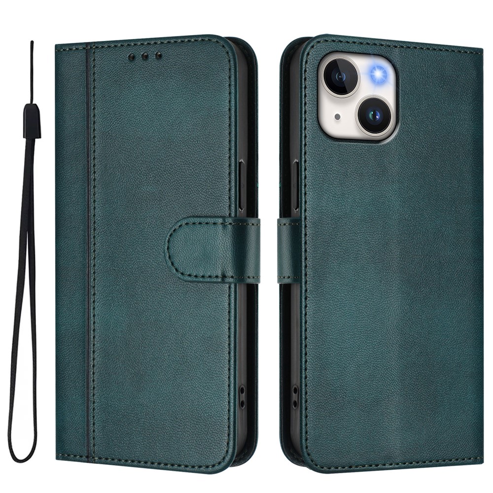 For iPhone 15 Cases Wallet Stand Retro Texture Leather Phone Cover with Lanyard - Dark Green