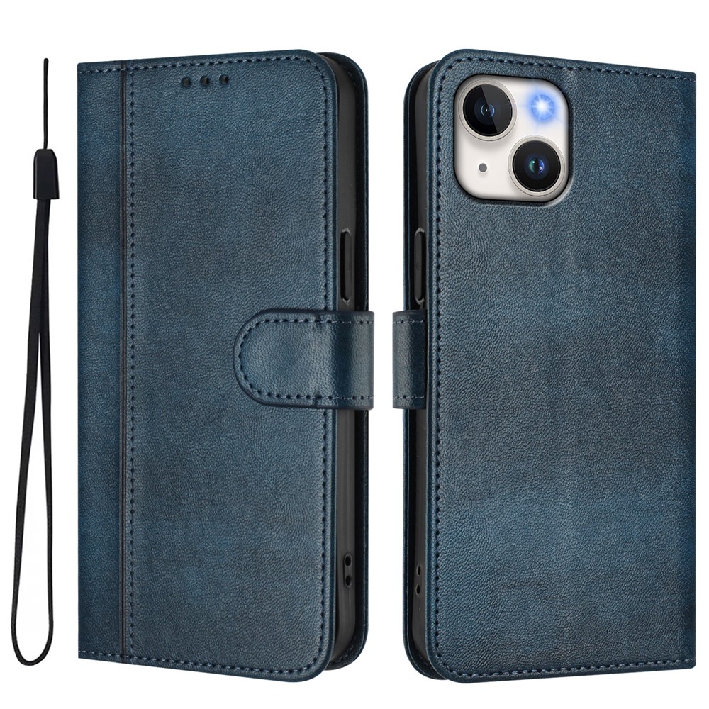 For iPhone 15 Cases Wallet Stand Retro Texture Leather Phone Cover with Lanyard - Blue