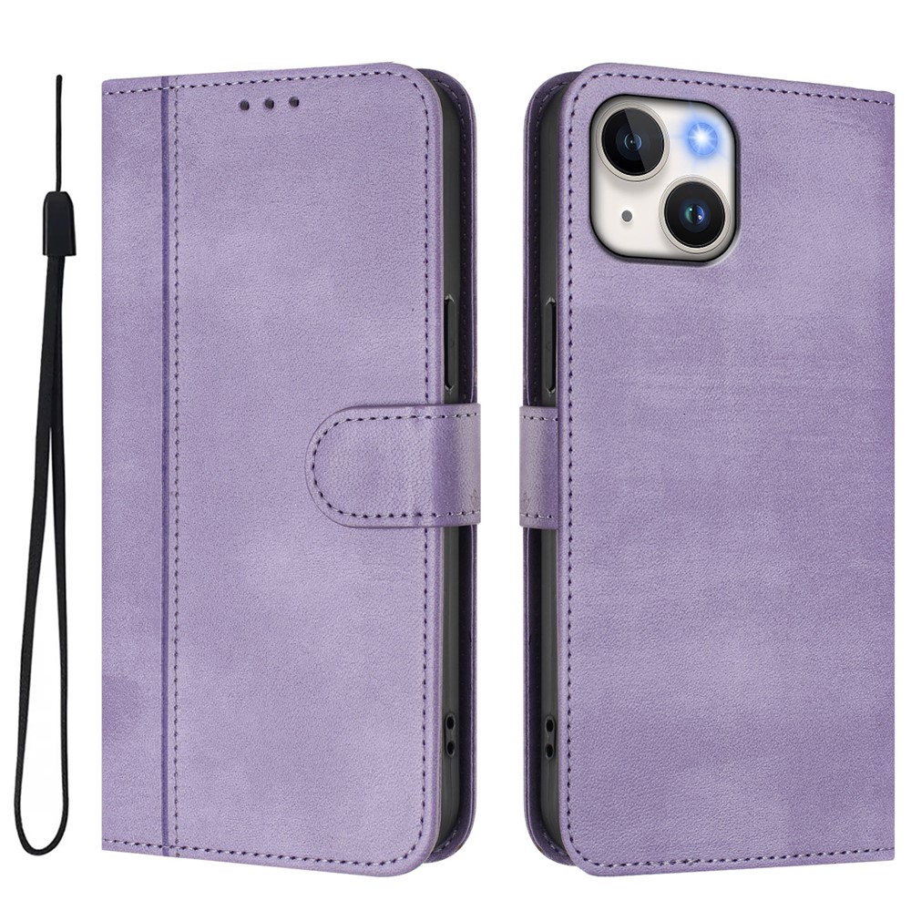 For iPhone 15 Cases Wallet Stand Retro Texture Leather Phone Cover with Lanyard - Light Purple