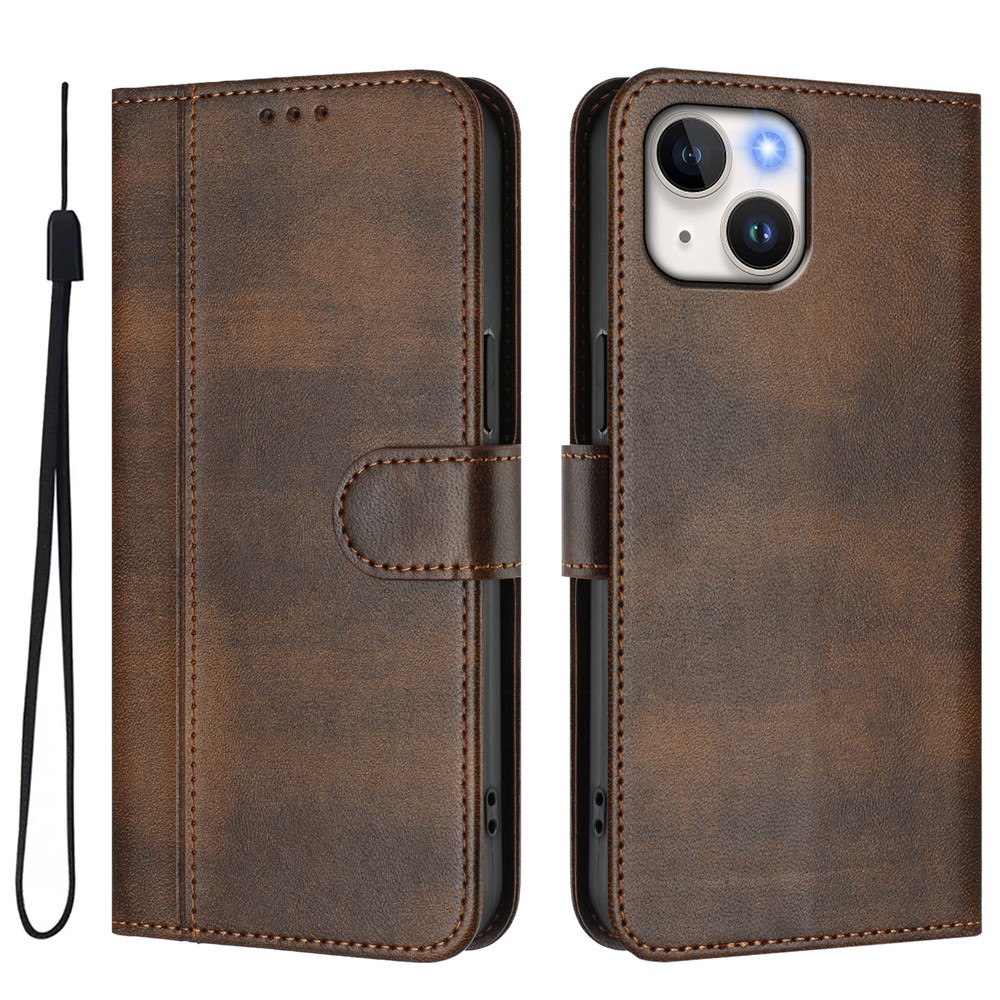 For iPhone 15 Cases Wallet Stand Retro Texture Leather Phone Cover with Lanyard - Brown
