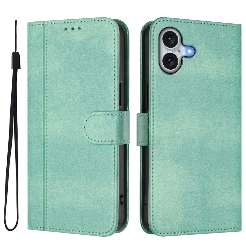 For iPhone 16 Plus Cases Wallet Stand Retro Texture Leather Phone Cover with Lanyard - Mint Green