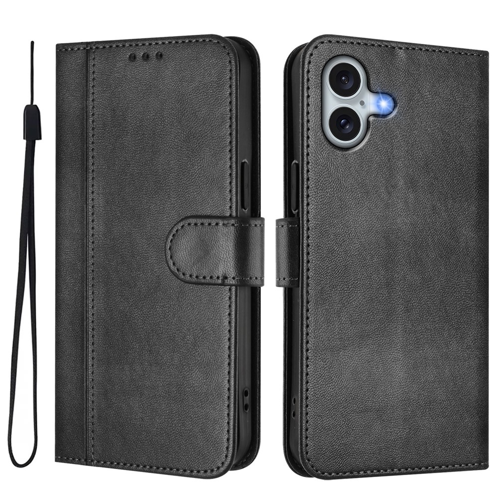 For iPhone 16 Plus Cases Wallet Stand Retro Texture Leather Phone Cover with Lanyard - Black