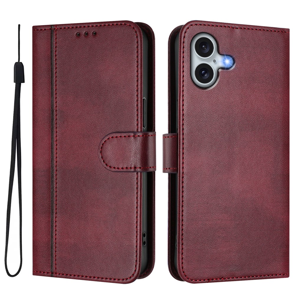 For iPhone 16 Plus Cases Wallet Stand Retro Texture Leather Phone Cover with Lanyard - Wine Red