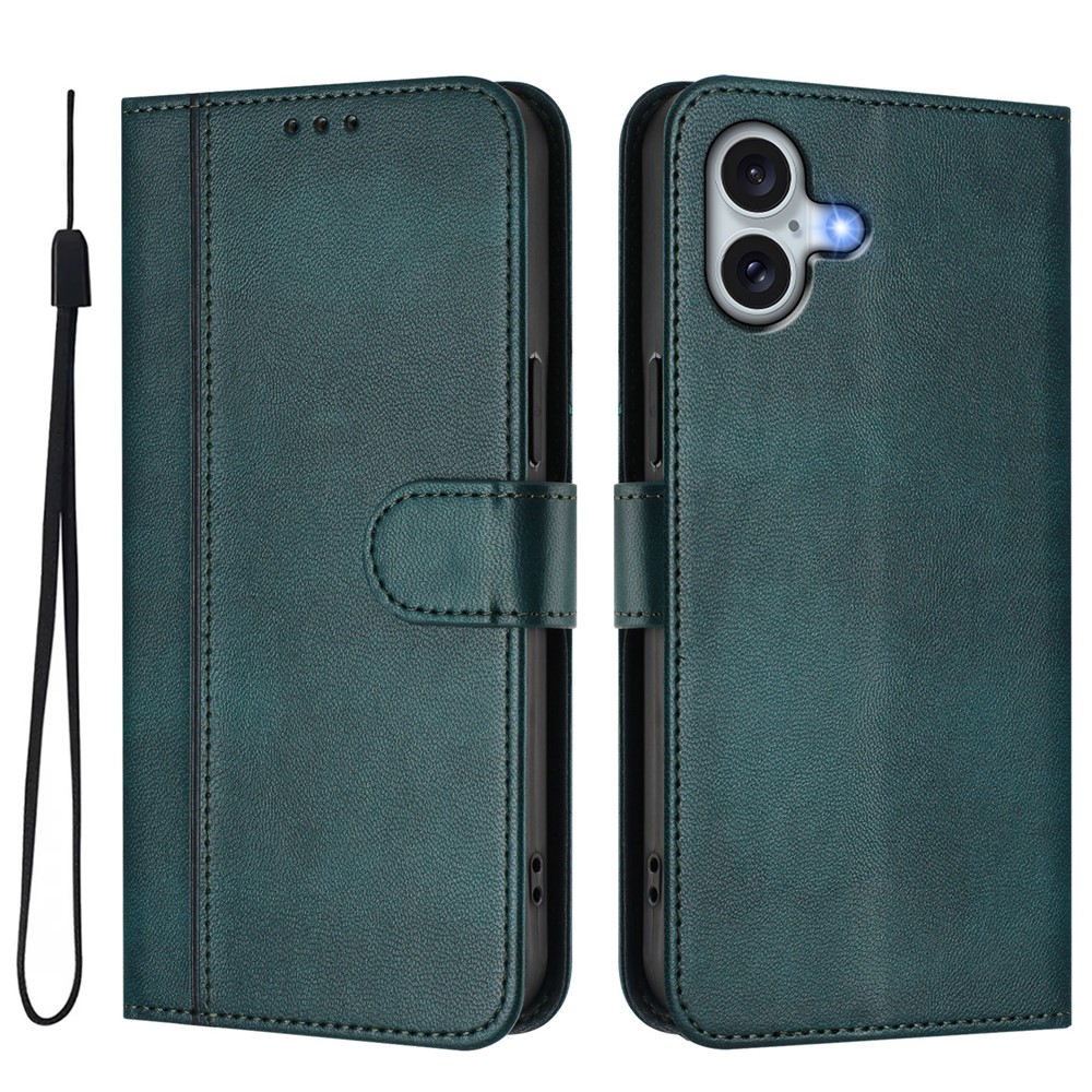 For iPhone 16 Plus Cases Wallet Stand Retro Texture Leather Phone Cover with Lanyard - Dark Green