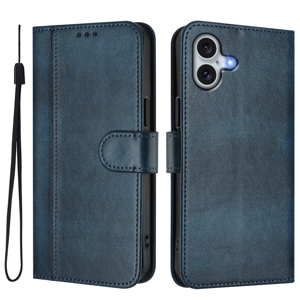 For iPhone 16 Plus Cases Wallet Stand Retro Texture Leather Phone Cover with Lanyard - Blue