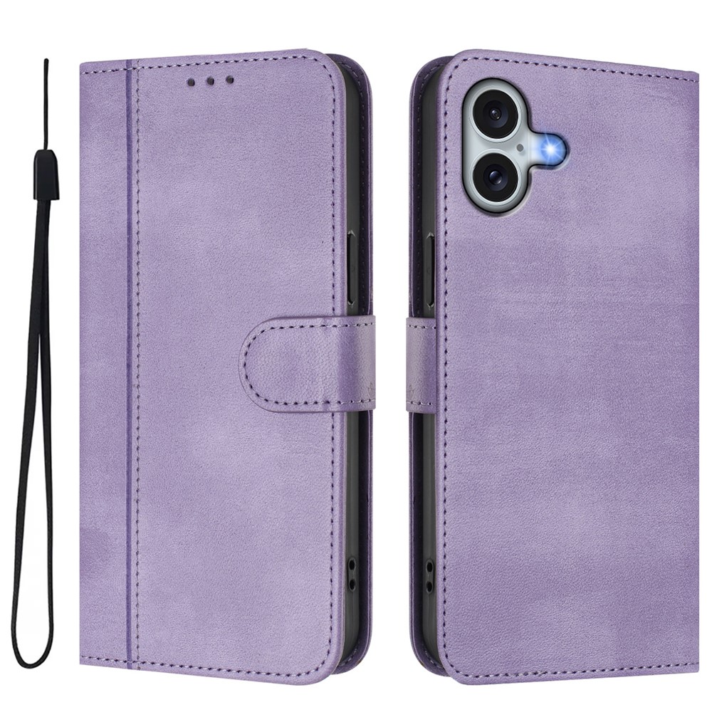 For iPhone 16 Plus Cases Wallet Stand Retro Texture Leather Phone Cover with Lanyard - Light Purple