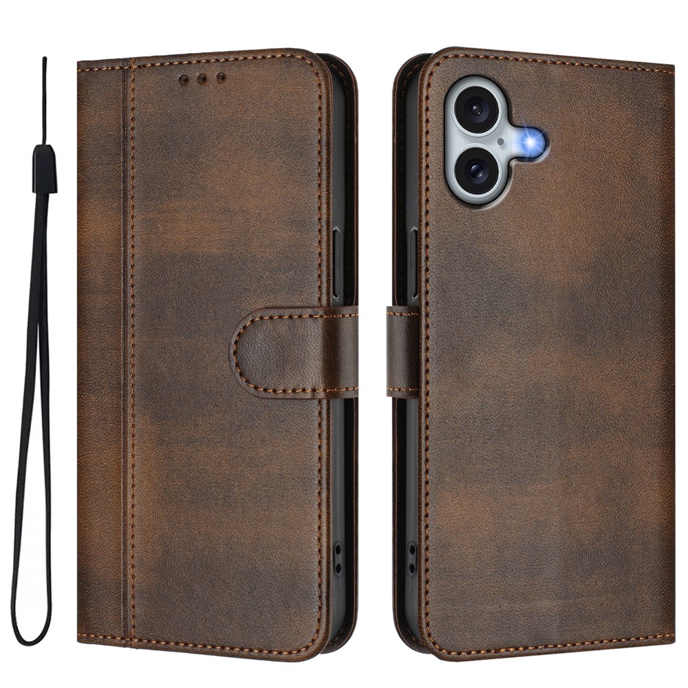 For iPhone 16 Plus Cases Wallet Stand Retro Texture Leather Phone Cover with Lanyard - Brown