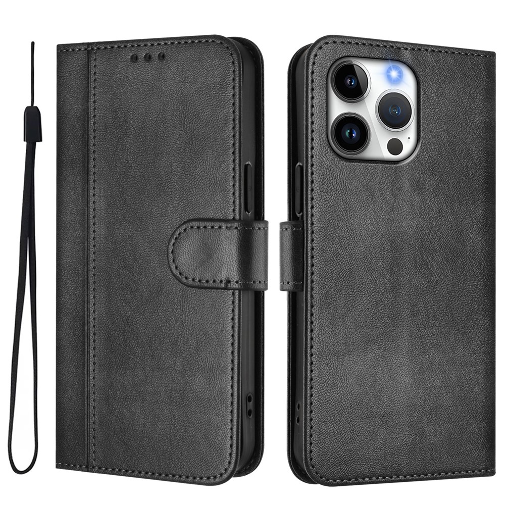 For iPhone 16 Pro Max Cases Wallet Stand Retro Texture Leather Phone Cover with Lanyard - Black