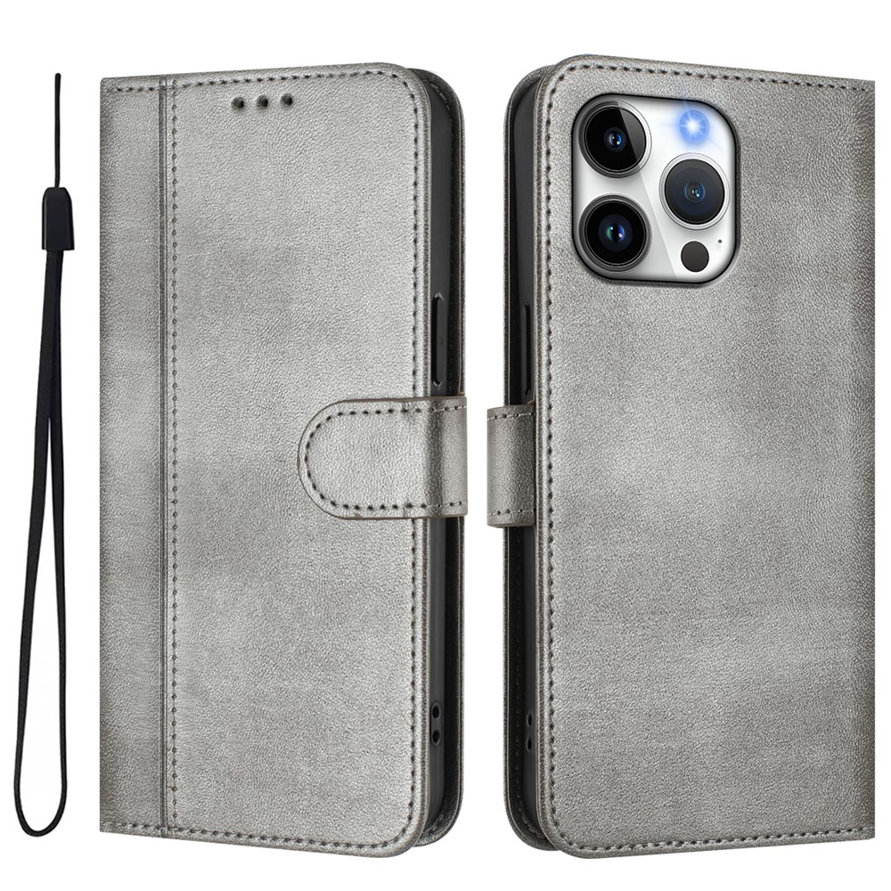 For iPhone 16 Pro Max Cases Wallet Stand Retro Texture Leather Phone Cover with Lanyard - Grey