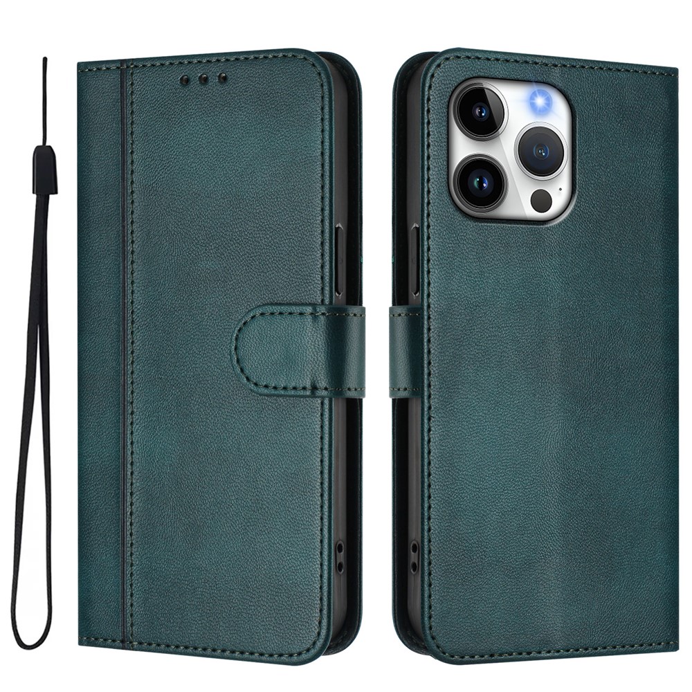 For iPhone 16 Pro Max Cases Wallet Stand Retro Texture Leather Phone Cover with Lanyard - Dark Green