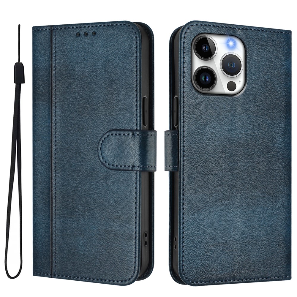 For iPhone 16 Pro Max Cases Wallet Stand Retro Texture Leather Phone Cover with Lanyard - Blue