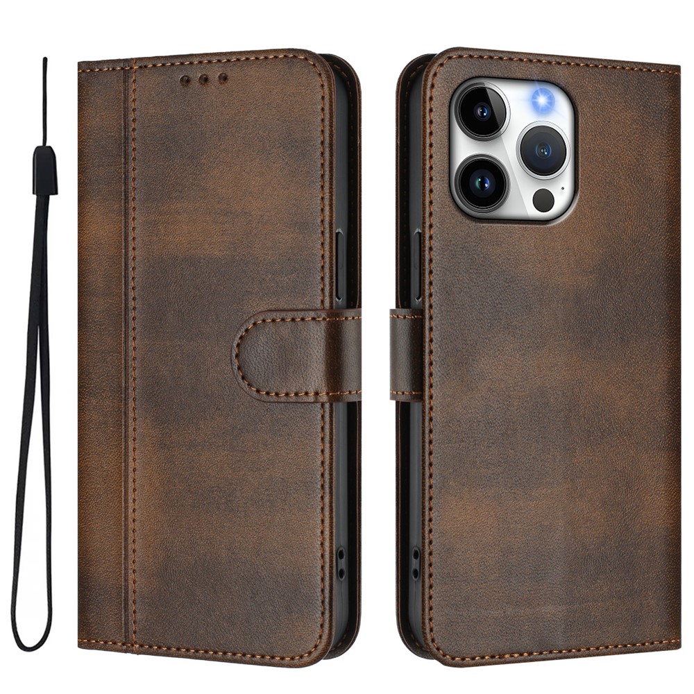 For iPhone 16 Pro Max Cases Wallet Stand Retro Texture Leather Phone Cover with Lanyard - Brown