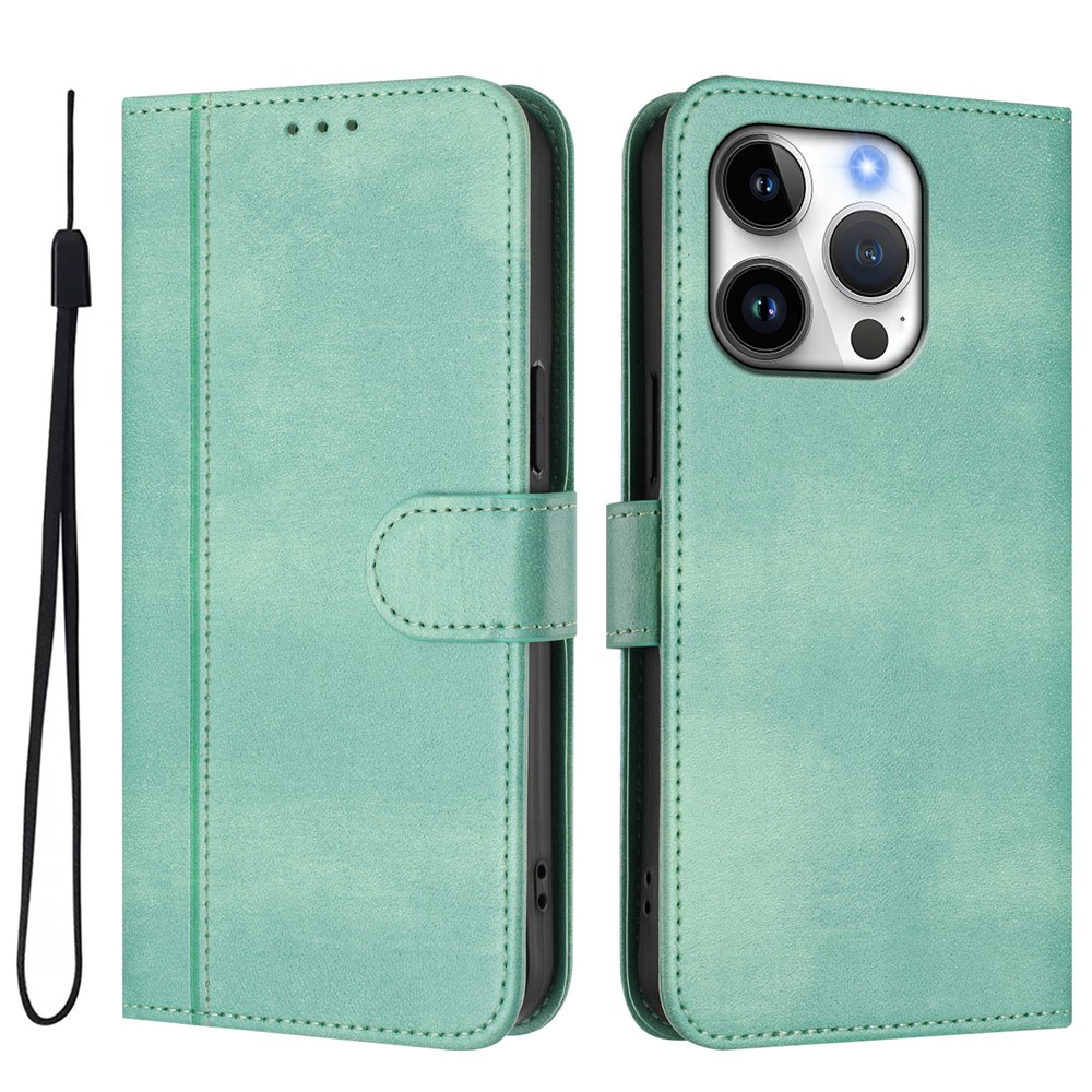 For iPhone 16 Pro Cases Wallet Stand Retro Texture Leather Phone Cover with Lanyard - Mint Green