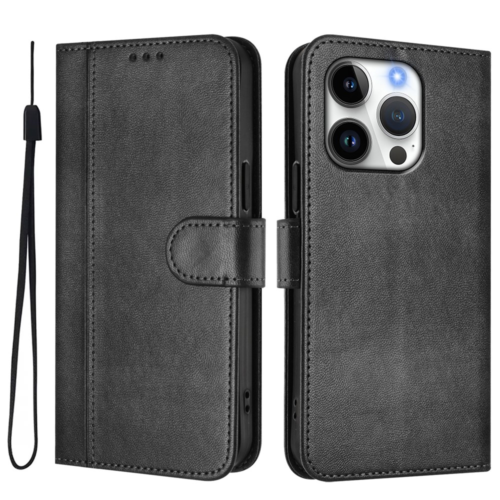 For iPhone 16 Pro Cases Wallet Stand Retro Texture Leather Phone Cover with Lanyard - Black
