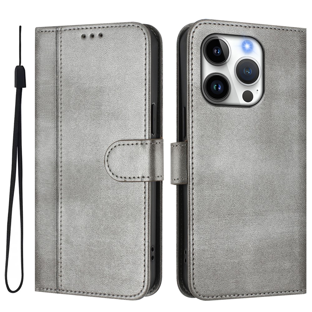 For iPhone 16 Pro Cases Wallet Stand Retro Texture Leather Phone Cover with Lanyard - Grey