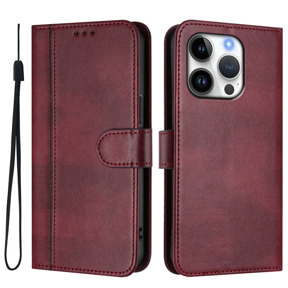 For iPhone 16 Pro Cases Wallet Stand Retro Texture Leather Phone Cover with Lanyard - Wine Red