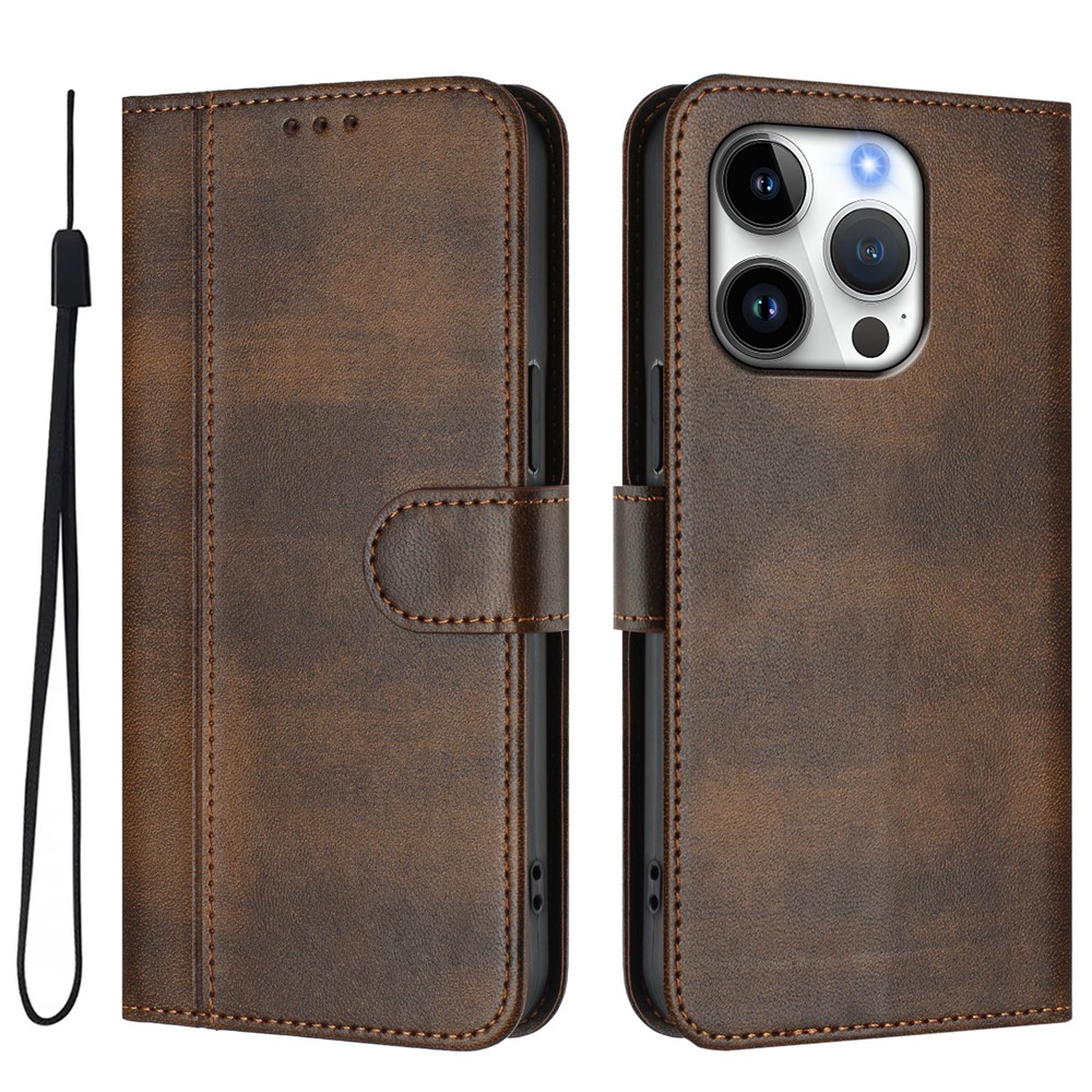 For iPhone 16 Pro Cases Wallet Stand Retro Texture Leather Phone Cover with Lanyard - Brown