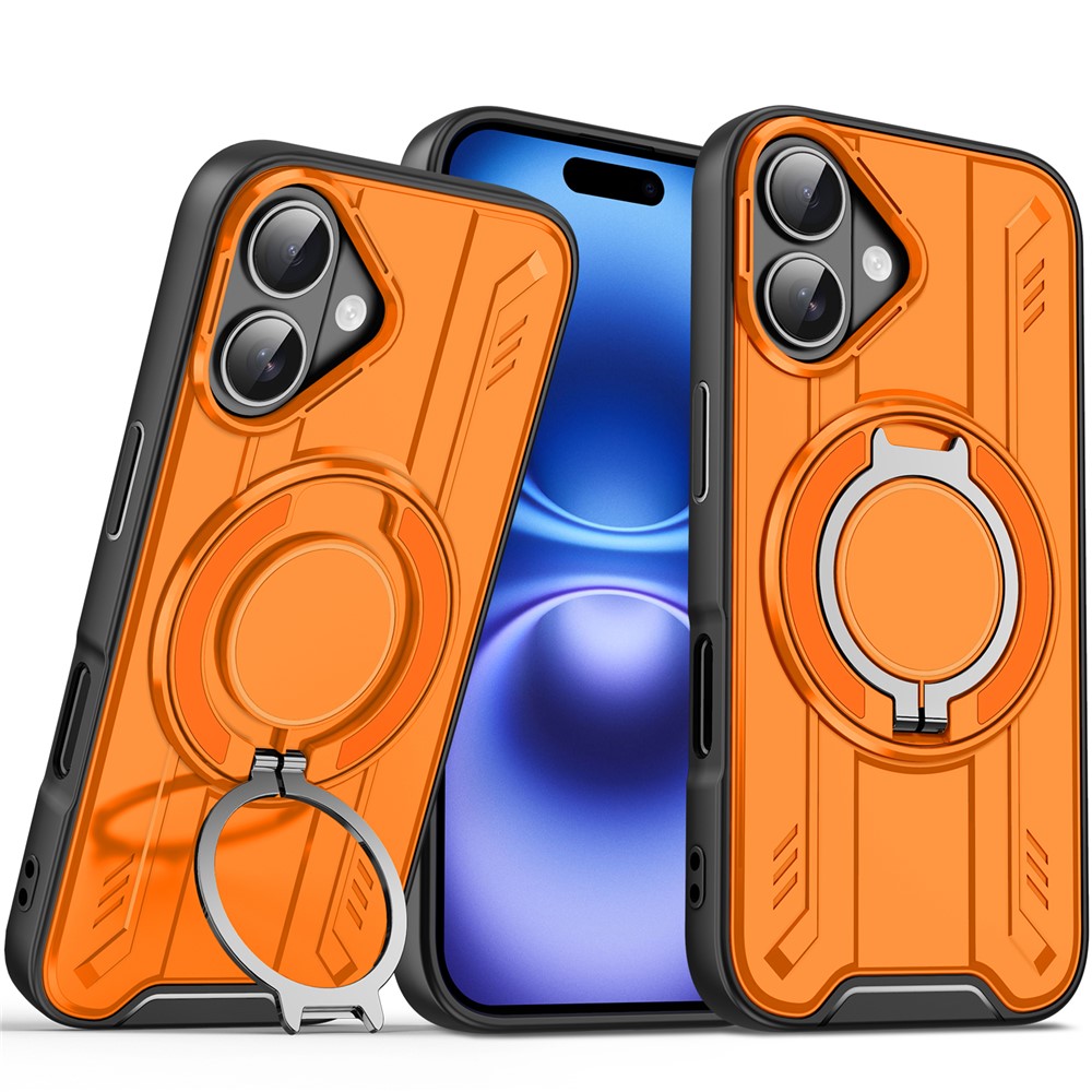 Bulk Purchasing For iPhone 16 Plus Case Compatible with MagSafe Rotating Ring Kickstand PC + TPU Shockproof Phone Cover - Orange