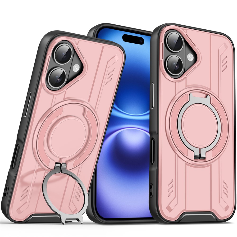 Bulk Purchasing For iPhone 16 Plus Case Compatible with MagSafe Rotating Ring Kickstand PC + TPU Shockproof Phone Cover - Pink